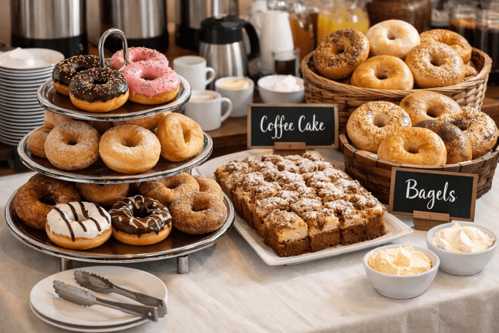 Table with donuts, coffee cake, bagels, and cream cheese bowls.