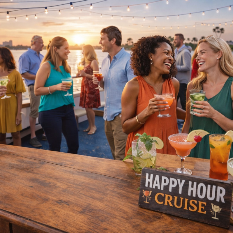 Group of people enjoying drinks at a sunset cruise with 'Happy Hour Cruise' sign on table.