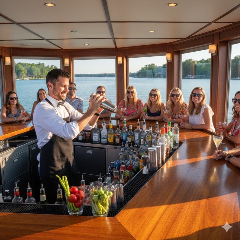 Bartender mixing drinks on a boat with smiling patrons at the bar and a lake view.