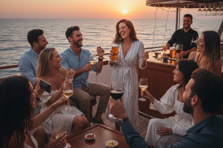 People enjoying drinks on a boat at sunset, smiling and socializing.