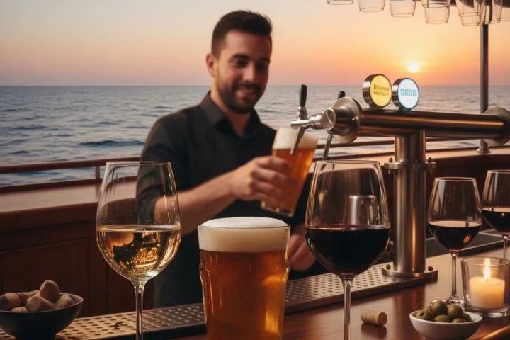 Bartender pours beer on a boat with wine glasses and sunset over the ocean.